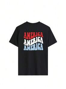 Ladies' Summer Letter Printed Round Neck Loose Casual T-Shirt With Off Shoulder Sleeves. Graphic Tees Women Black Top Vacation Outfits Women - 黑色 - 查看 5