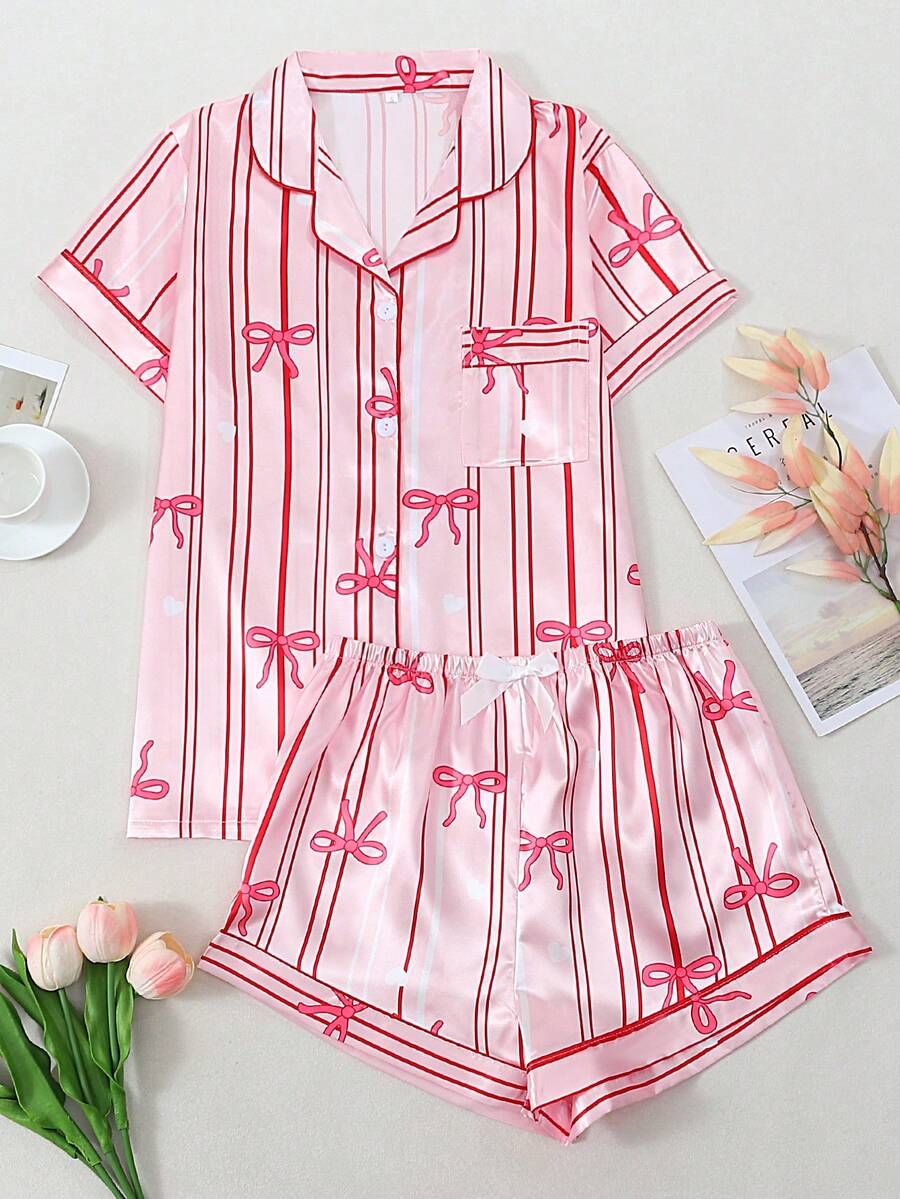 Bộ đồ ngủ nữ tay ngắn và quần short bằng vải poplin in họa tiết sọc và nơ - Hồng - Xem 1