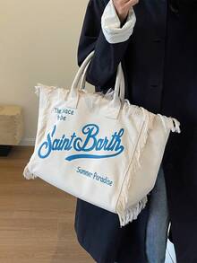 大容量女士手提包，新款字母印花设计，简约时尚百搭单肩包 - 白色 - 查看 3