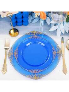 50pcs/25pcs/20pcs/10pcs 7.5inch/10.25inch Transparent Blue Rimmed Plates, Available In Glass Or Plastic Material, Western Dinner Plates, Party Plates, Pasta Plates, Reusable Blue Rimmed Plates, Transparent Blue Baroque Style Plates With Gold Foil Rim, Suitable For Party, Banquet, Wedding, New Year, Valentine's Day, Premium Plate Set - Blue - View 4