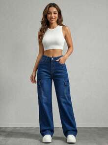 Wide-Leg Denim Pants With A Flattering High Waist And Functional Cargo-Style Side Pockets - Blue H2KB13 - View 4