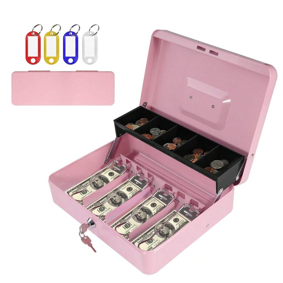 HOMEYUER Locking Cash Box With Lock,Money Box With Cash Tray,Lock Box With Key,Money Saving Organizer,11.81Lx 9.45Wx 3.54H Inches - Xem 1