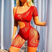 Asymmetric Design Jumpsuit With Cutout Waist, Sexy Spaghetti Strap Romper, Personalized Red Hollow Mesh Transparent Lingerie Set - Red - View 5