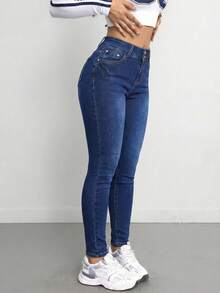 Pantalón Ajustado Negro de Talle Alto: Silueta Ceñida y Botonadura Frontal Decorativa, Denim Elástico para un Ajuste Cómodo y Versátil. - Azul H2VA24 - Ver 5