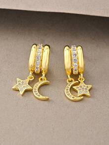 一对金色耳环，时尚优雅简约奢华高端金铜镶嵌立方氧化锆吊坠耳环，适合女性日常佩戴 - 金色 - 查看 2