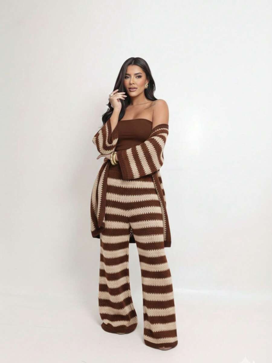 LARISSA KNITTING Women's Three-Piece Knit Set: Wide-Leg Pants, Top, And Kimono. - 棕色和沙色 - 查看 1