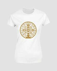 Women's T-Shirt With Saint Benedict Medal, Religious Baby Look, Christian, Catholic Faith, The Holy Cross, Shield Of Divine Protection. - 白色 - 查看 3