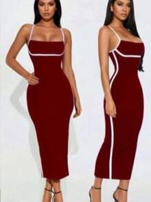 Women's Fitted Dress With White Details. Midi Length, Body-Hugging, With A Small Slit At The Back Hem And White Detail That Accentuates The Elegant Bust. - 酒紅色 - 查看 2