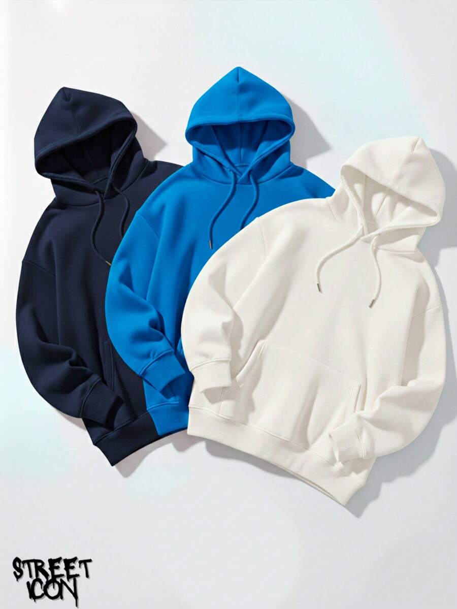 Set Of 3 Colorful Kangaroo Hoodies Streetwear Street Fashion Urban Culture Skaters Unisex 100% Cotton Premium Top Streetwear New Release Immediate Shipping Various Colors!! - 海軍藍,寶藍和白色 - 查看 1