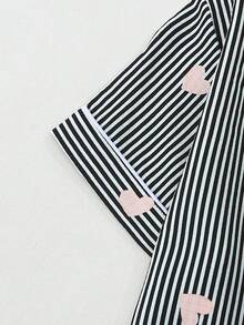 Setelan Piyama Celana Pendek Lengan Pendek Motif Hati Bergaris untuk Wanita - Hitam - View 3