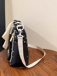 女士日系可爱软包手提包，休闲百搭单肩包，适合上学学习，尼龙材质，涤纶内衬，拉链封口，黑色 - 黑色 - 查看 4