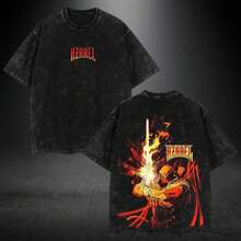 Camiseta Azrael Vintage Washed – Camiseta Gráfica Oversize, Algodón Grueso Estilo Streetwear, Perfecta para Fans de Películas, Series de TV, Arte y Estampados Creativos, Estilo Retro Lavado. - Negro - Ver 1