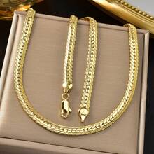 欧美风 18k 镀金 750 意大利紧密扁平编织项链 街头嘻哈风格 男士日常时尚百搭 - 金色 - 查看 1