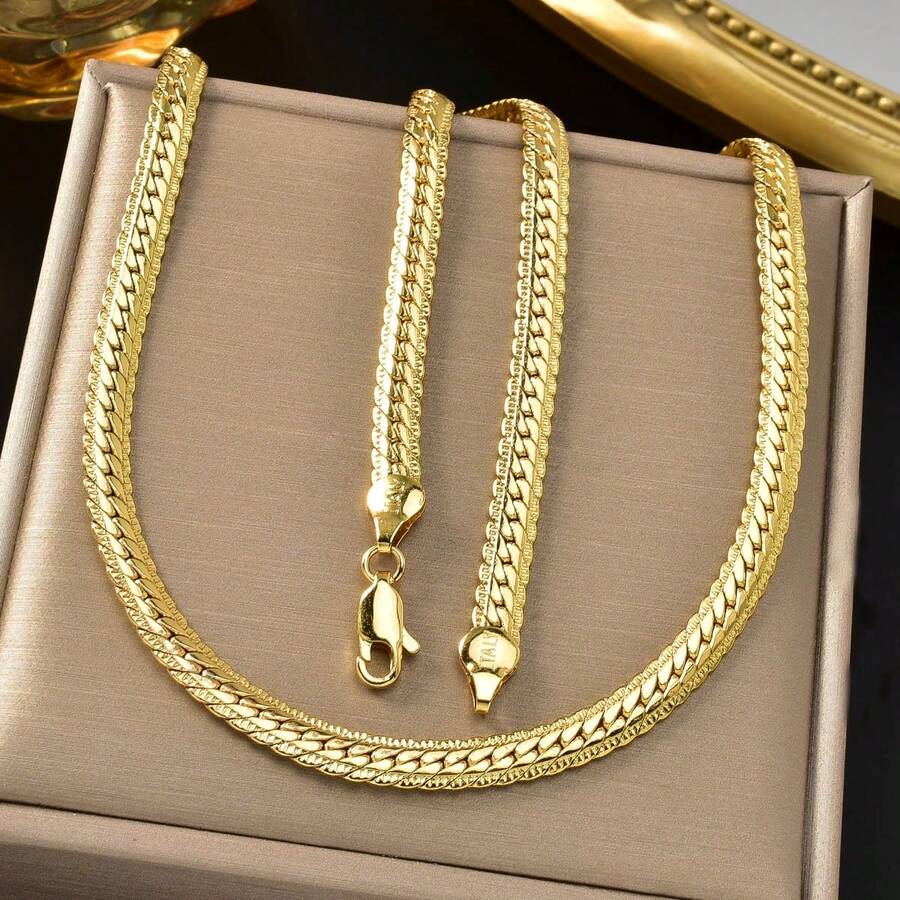 欧美风 18k 镀金 750 意大利紧密扁平编织项链 街头嘻哈风格 男士日常时尚百搭 - 金色 - 查看 1