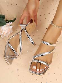 Women's High Heel Sandals, Thick Heel, Fashionable Butterfly & Flower Design, Wedding Princess Shoes - Silver - View 4