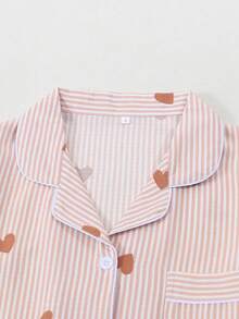 Striped Heart Print Short Sleeve Shorts Pajama Set For Women - Watermelon Pink - View 2