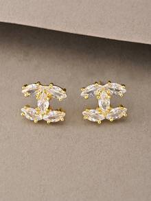 1 Pair Gold Earrings, Fashionable Elegant Minimalist Luxury High-End Gold Copper Inlaid Cubic Zirconia Pendant Earrings, Suitable For Women's Daily Wear - Gold - View 3