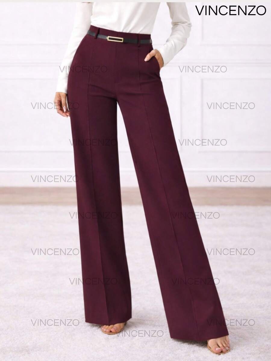 Women's Tailored Trousers, Wide Leg, High Waist, With Belt, Casual, Elegant - 酒紅色 - 查看 1