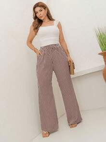 Wide Leg Striped Palazzo Pants With Elastic Waistband And Pockets. - 摩卡棕 - 查看 2