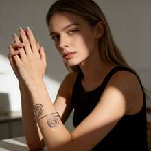 1pc Minimalist Spiral Arm Cuff For Women, 18K Gold Plated Stainless Steel Upper Arm Band Adjustable Statement Jewelry Gift - Silver - View 5