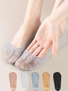 1/5/10双装 超薄蕾丝女士夏季防滑隐形短袜 高跟鞋底镂空网眼长袜 - 彩色 - 查看 3