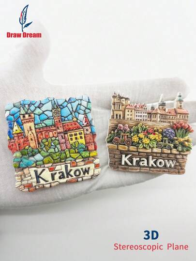 1pc Krakow Flower Market & City Landscape Resin Fridge Magnet, Mosaic Historical Architecture Travel Souvenir 3D Gift, Home Kitchen Decor Fridge Magnet Suitable For Kitchen, Office, House, Cabinet, Dishwasher