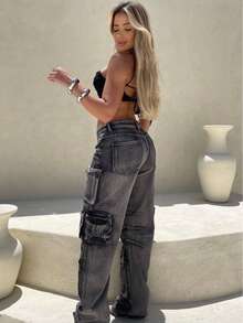 Cargo Pants With Pockets, Stonewashed Jeans With 6 Pockets, Streetwear, Straight-Leg Cargo Pants With Utility Pockets, Casual Pants, Graphite Color, Women's Jeans With Side Pockets, Pants With Side Pockets, Loose-Fitting Cargo Pants, Y2K Pants. - 灰色 - 查看 4