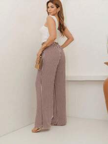 Wide Leg Striped Palazzo Pants With Elastic Waistband And Pockets. - 摩卡棕 - 查看 3