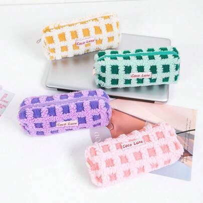 Large Capacity Plush Plaid Pencil Case, Stationery Box, Lipstick & Skincare Organizer Bag, Daily Supplies, Stationery Pouch, Holiday Gift, Portable Soft Pencil Box For Students