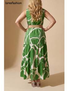 Maxi Vestido para  Mujer de Verano con Estampado Abstracto y Floral en Tonos Verde Oliva y Blanco, Diseño Sin Mangas con Cuello Camisero, Vestido Ligero y Fluido con Cinturón Ajustable que Define la Cintura y Realza la Silueta, Botonadura Frontal Decorativa que Aporta Elegancia y Funcionalidad, Corte de Cintura Alta que Alarga las Piernas y Estiliza la Figura, Falda Midi con Movimiento Suave y Detalle Estampado Romántico en el Dobladillo, Prenda Fresca y Transpirable Ideal para Primavera y Verano, Perfecta para Oficina, Trabajo, Citas, Fiesta, Invitada de Boda, Vacaciones, Playa o Salidas Casuales, Vestido Versátil que Combina con Tacones, Sandalias o Alpargatas para un Look Chic y Sofisticado, Estilo Femenino Moderno y Atemporal para Mujeres de 20 a 45 Años que Buscan Moda, Romanticismo y Elegancia en una Sola Prenda - Verde militar - Ver 3