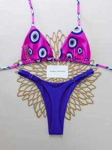 2pcs Polka Dot Eye Sexy Backless Tie-Up Fashion Women Swimwear Bikini Set, Suitable For Spring/Summer, Vacation, Beach, Stage And Concert - Multicolor - View 2