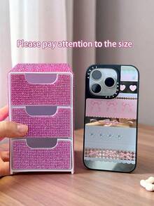 1pc Fully Rhinestoned 3-Drawer High-Aesthetic Desktop Storage Box, Jewelry & Cosmetics Organizer - Multicolor - View 3