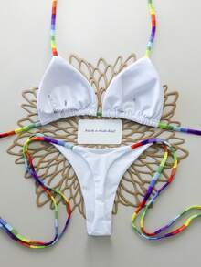 Bộ bikini hai mảnh kẻ sọc cầu vồng gợi cảm, hở lưng, buộc dây, thích hợp cho bãi biển, sân khấu và buổi hòa nhạc, kỳ nghỉ xuân/hè. Màu trắng. - trắng - Xem 3