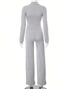 Top Choices For Valentine's Day Gifts,2pcs Women's Fashionable Fitted Solid Color Top With Zipper Jacket And Pants Set, Spring/Autumn - 粉色 - 查看 6
