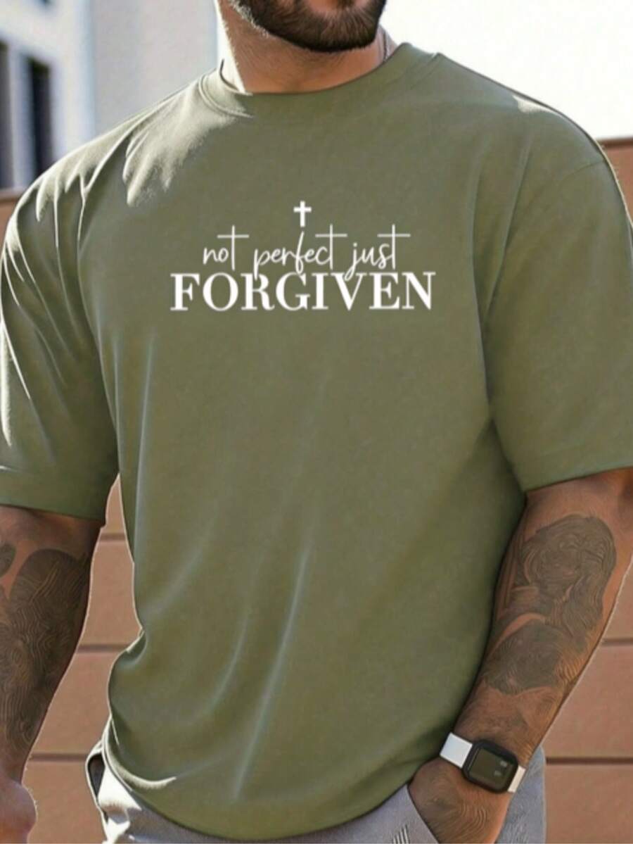 Men's T-Shirt - Black Religious Graphic Tee With "Not Perfect Just FORGIVEN" Cross Print - Heavyweight 100% Cotton Shirt For Gym, Church, Casual Attire - Loose Fit Breathable Casual Top - Machine Washable Christian Apparel, Gym Clothing, Statement Design, Comfortable Material, Short Sleeve Shirt, Faithbased Fashion2025 - 軍綠色 - 查看 1