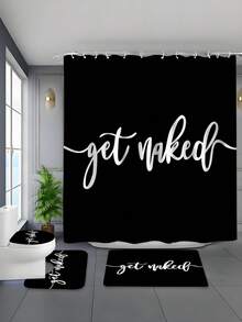 1/4 Pieces Set Black Printed Bathroom Shower Curtain, Non-Slip Bath Mat Rug, U-Shaped Toilet Cover, Bathtub Curtain, 71"X71", With 12 Hooks, Bathroom Decor Fall Decor Bathroom Accessories Back To School - Multicolor - View 8