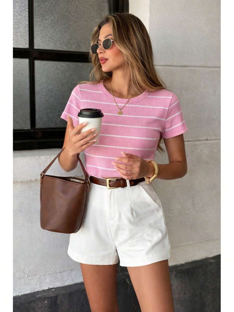Women's Ribbed Cotton Striped Basic Two-Tone T-Shirt - Casual Autumn/Winter/Summer American Style - BB條紋粉紅色 - 查看 1