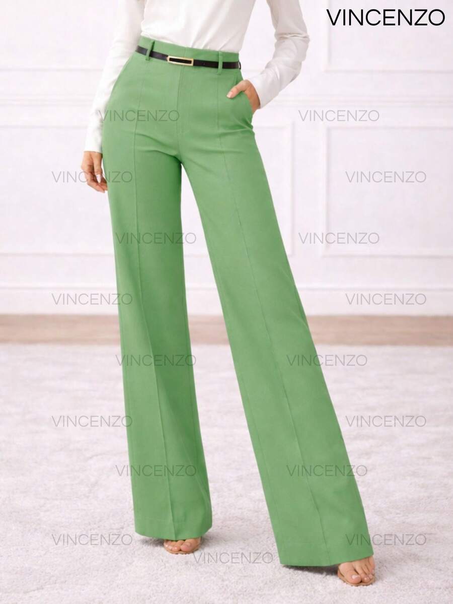 Women's Tailored Trousers, High Waist, Casual, Elegant, Belted, Wide Leg Pants - 嬰兒綠 - 查看 1