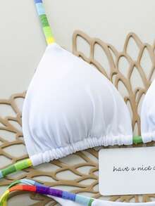 Bộ bikini hai mảnh kẻ sọc cầu vồng gợi cảm, hở lưng, buộc dây, thích hợp cho bãi biển, sân khấu và buổi hòa nhạc, kỳ nghỉ xuân/hè. Màu trắng. - trắng - Xem 4