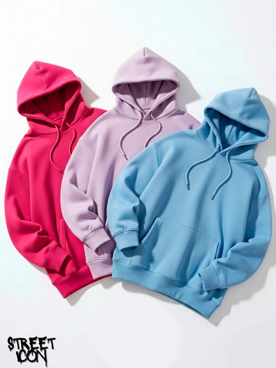 Set Of 3 Colorful Kangaroo Hoodies Streetwear Street Fashion Urban Culture Skaters Unisex 100% Cotton Premium Top Streetwear New Release Immediate Shipping Various Colors!! - 艷粉紅,淡紫色和淺藍色 - 查看 1