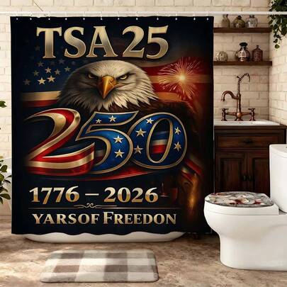 ستارة حمام بمناسبة الذكرى ال- 250 لتمثال الحرية، ستارة حمام مقاومة للماء من البوليستر مع تصميم علم أمريكي ومعلم وطني، ديكور حمام وطني