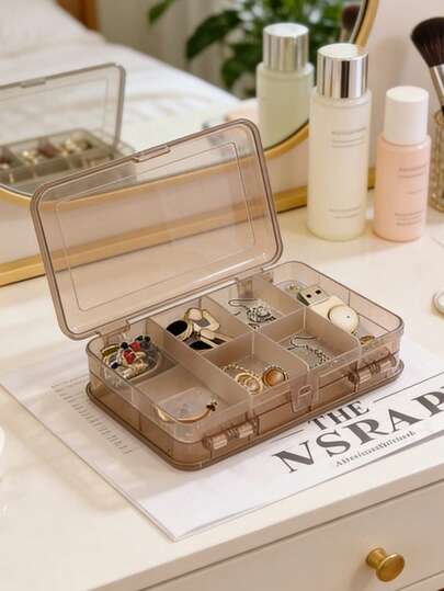 1 pieza Organizador de joyas de múltiples capas con gran capacidad, estuche portátil a prueba de polvo, con múltiples compartimentos para aretes, anillos, collares y pulseras; ideal para el armario, el dormitorio, el área de vestir y los viajes de las mujeres, con tapa transparente para una selección fácil, forro de fieltro suave, cierre y organización elegante y sin desorden que mejora la presentación del atuendo todos los días.