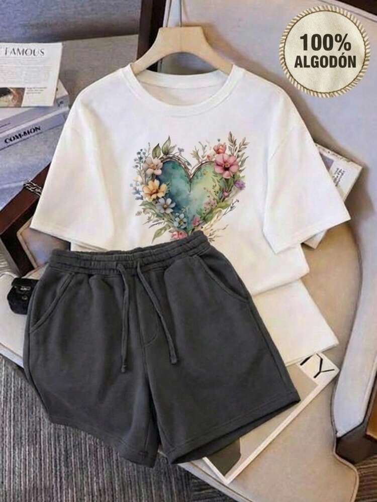 2 piezas Conjunto Casual short y playera estampado corazon flores estilo romantico casual Comodidad y Estilo para Tu Día a Día - Gris - Añade 1