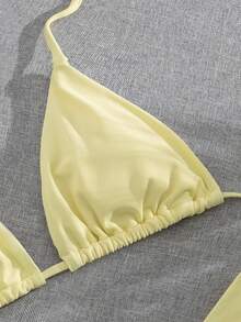 女士露背系带性感黄色比基尼泳衣套装，露背系带女士泳衣，休闲度假优雅女士沙滩泳装，采用高弹面料，双层透气面料，适合海滩度假、音乐节、情人节等场合，女士沙滩度假套装，女士泳衣，夏季度假套装，纯色比基尼度假 - 黃色 - 查看 5