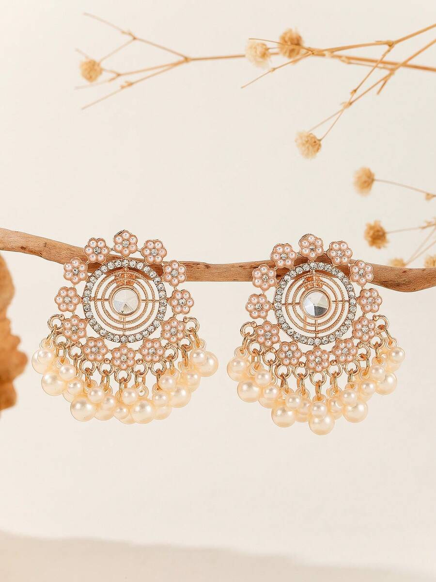 1 par de pendientes con borlas, cuentas redondas huecas y flores de estilo bohemio con diamante de imitación, accesorios de joyería casual y linda adecuados para uso diario de mujeres y niñas, festivales, bodas y fiestas/regalos de joyería - Clásico - Ver 1