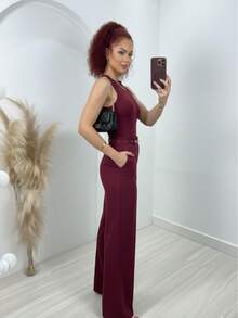 Women's Tailored Wide-Leg Trousers With High Waist, Belt, And Front Crease Detail – Elegant Business Casual Style. - 酒紅色 - 查看 3