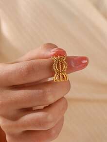 1pc 18K Gold Plated Stainless Steel Geometric Line Design Open Ring, Suitable For Women's Daily And Party Wear - Gold - View 2