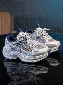 1双春季新款透气网面儿童运动鞋，女童轻便休闲厚底运动鞋，男童防滑跑步运动鞋 - 灰色 - 查看 6