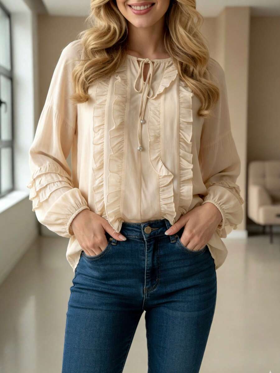 Women's Blouse / Cotton / With Ruffle Front / With Ruffle Details On Sleeves / Super Comfortable / Pleated Knot / Vacation Home - Champagne - View 1