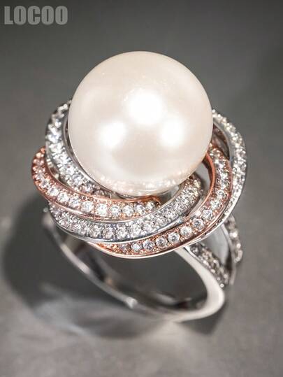 1 PC Charm Cubic Zirconia & Faux Pearl Ring For Women For Wedding Engagement Anniversary Party Jewelry Valentine's Day Gift